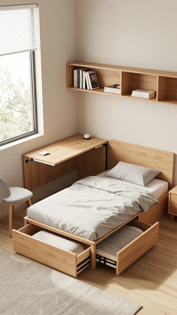 A realistic, high-quality photo of a compact, modern bedroom showcasing multi-functional furniture as a best friend in a small space. The main subject is a beautifully styled small bedroom that optimizes every square inch: a platform bed with built-in under-bed drawers and open shelving along the headboard, a fold-out desk tucked neatly beside the bed that folds away into the wall, and a storage ottoman that doubles as seating at the foot of the bed. The room features a window with a slim window sill and natural light streaming in, a small corner chair that doubles as a reading nook, and light, neutral tones with warm wood accents. The bed area remains uncluttered, highlighting the dual-purpose pieces: drawers under the bed, a desk that tucks away when not in use, and an ottoman that opens for storage. The scene includes tasteful decorative touches such as a stylish rug, a few neatly arranged books or decor items on the shelves, and a hint of dancing space in the open floor area, all emphasizing practicality and efficiency in a tiny bedroom. No text on the image.