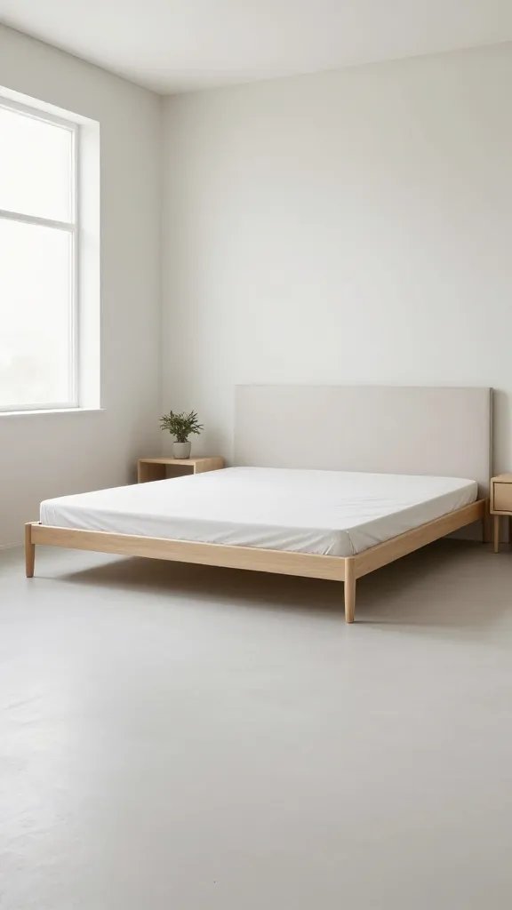 A realistic, high-quality photo of a modern small bedroom featuring a wall-mounted bed or platform bed with a slim, low-profile frame, creating an open, uncluttered floor space. The bed is flush against a light, neutral wall with a sleek, simple headboard that adds subtle personality without crowding the room. The room shows clean lines, ample natural light from a nearby window, and a clean under-bed area to emphasize easy cleaning access. Include tasteful, minimal decor like a slim nightstand, a small plant, and a soft, airy color palette (cool whites, soft grays, and natural wood accents) to convey spaciousness, air, and light. No text on the image.