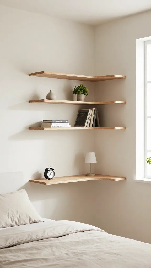 A realistic, high-quality interior photo of a compact bedroom showcasing floating shelves as the main focal point. The room features clean, modern decor with a cohesive color palette of soft neutrals (creamy whites, warm beiges, and muted wood tones). Floating shelves are mounted on the wall above a low, minimal bed with simple bedding, displaying a few neatly arranged items: a couple of books, a small potted plant, and a few decorative pieces. A small bedside area uses a slim, wall-mounted shelf as a nightstand substitute, holding a minimalist lamp and a single alarm clock. Corner shelves are installed in an awkward nook to demonstrate efficient space usage. Natural light streams in from a window, enhancing the calm, clutter-free atmosphere. The floor remains clear, and the overall composition conveys a tidy surface area that reduces visual chaos, with the shelves as the central feature. No text or branding visible in the image.