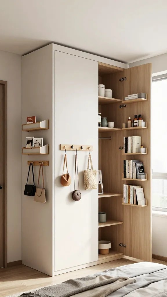 A high-quality, realistic photo of a small bedroom showcasing vertical storage hacks: a tall, slim wardrobe and a full-height bookshelf flanking a bed, with hanging organizers for accessories mounted on the wardrobe door and a set of wall-mounted shelves displaying neatly organized items. The room should feel airy and maximized, with ceiling-height storage creating a sense of height; natural light streams through a window, highlighting the organized vertical space without any clutter or text visible in the image. The main subject should be the vertical storage elements that draw the eye upward, making the ceiling appear higher.