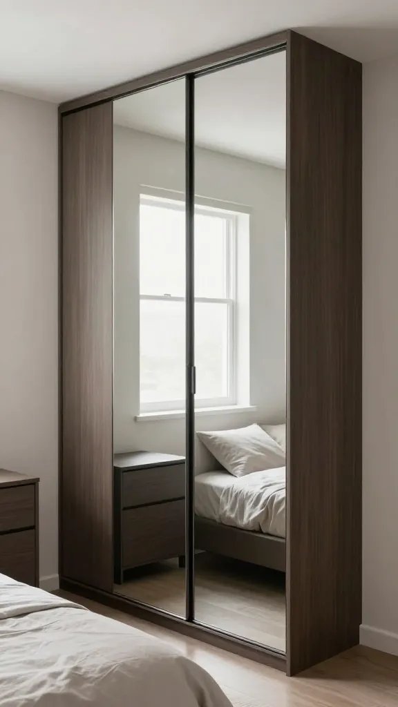 A realistic, high-quality photo of a compact bedroom corner featuring a pocket-sized wardrobe with sliding doors. The wardrobe has sleek, floor-to-ceiling dark wood panels with large reflective mirror panels on the sliding doors. Doors slide smoothly into the walls, minimizing bulk and saving space, with no visible hardware. The room around is neatly organized: a small bed with a light, neutral duvet, a compact dresser, and soft natural light pouring in from a window, creating depth and reflection on the mirror surfaces. The overall aesthetic is modern, minimal, and airy, with clean lines and a sense of spaciousness despite the tight layout. No text on the image.