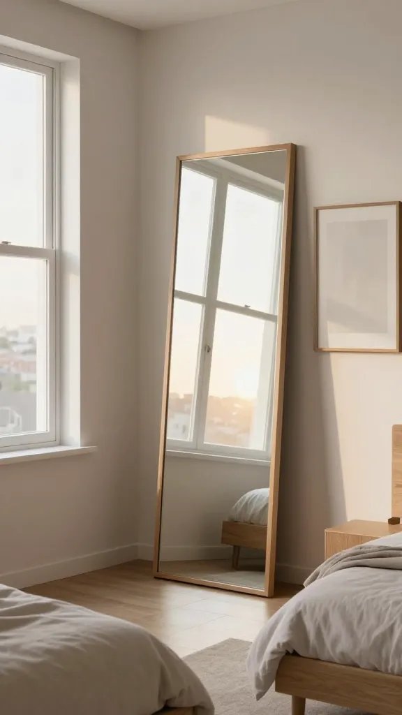 A realistic, high-quality photo of a cozy, modern bedroom featuring a prominent full-length mirror as the focal point, positioned opposite a large window to bounce natural light around the room. The space includes two smaller mirrors in complementary frames arranged thoughtfully on a nearby wall. The room is elegantly styled with a soft neutral color palette, minimal clutter, and warm lighting that enhances the mirrors' reflective effects. The main subject should be the room itself with the mirrors dramatically expanding perceived space, a styled bed, light wood accents, and a calm, sunrise ambiance. No text on the image.
