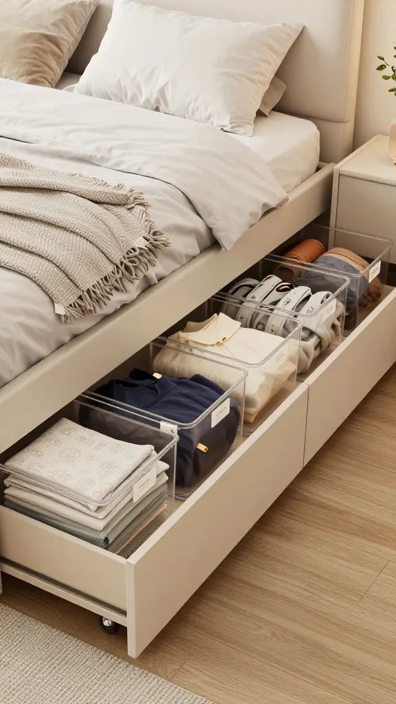 A realistic, high-quality photograph of a modern small bedroom featuring a neatly organized under-bed storage solution. The frame shows a low platform bed with shallow drawers and rolling clear bins labeled with minimalist, legible typography (labels are visible but not text-heavy on the image). The bins hold seasonal clothes, linens, and gym gear, clearly organized without clutter. The under-bed area is accessible, with soft, warm lighting highlighting clean lines and a calm, uncluttered aesthetic. The room includes subtle decor elements like a small bench at the foot of the bed, a cozy throw, and a neatly folded stack of linens, all in neutral tones with a touch of pastel. Emphasize practical storage that blends seamlessly with the room, showing the bins tucked under the bed and the furthest corners utilized for items not needed daily. No text on the image.