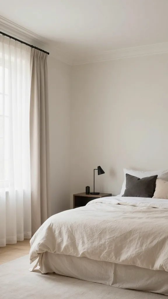 A high-quality, realistic interior photograph of a small bedroom that demonstrates color tricks to make the space feel bigger. The room uses a soft, cohesive palette with a dominant base color (cool off-white or warm beige) and 1-2 subtle accent tones (pale blush and muted sage). The walls and ceiling are painted in the base color with white trim; furniture and textiles incorporate the accent tones without overwhelming the space. Include light, airy natural fabrics (sheer curtains, linen bedding), a low-profile bed, and simplified, streamlined storage to maximize openness. Add a few high-contrast accents in small amounts—such as a charcoal throw pillow, a black metal lamp, and a dark framed mirror—carefully placed to punch up style while keeping the room feeling airy. The lighting is bright and natural, with soft shadows that emphasize depth and airiness. The overall aesthetic is serene, cohesive, and spatially expansive, illustrating how color tricks can make a tiny bedroom feel large. The image should be a single, photorealistic shot with no text.