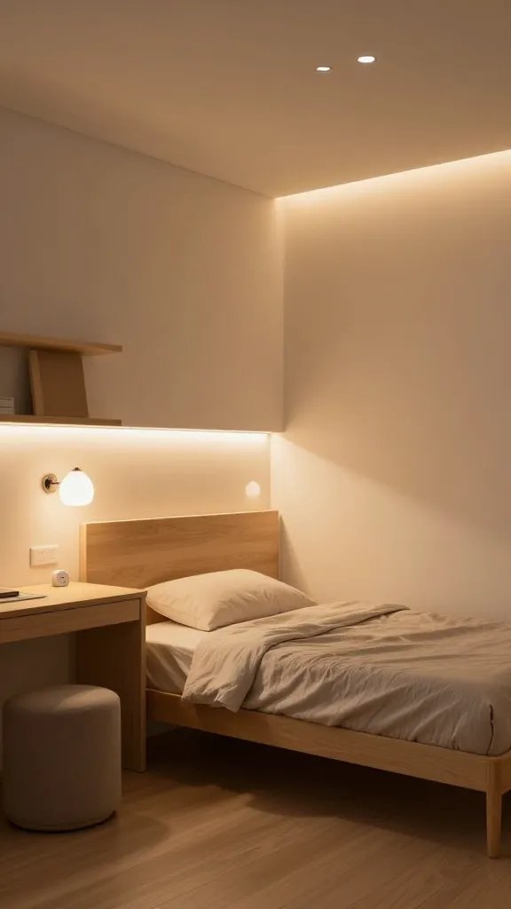 A realistic, high-quality photo of a small bedroom transformed with hidden lighting features: a cozy, space-smart glow created by layered lighting. The scene shows bedside wall sconces mounted directly to the wall beside a compact bed with a simple, modern headboard, casting warm ambient light without occupying surface space. Subtle LED strip lights run under open shelves above a low-profile desk or storage unit, providing a gentle underglow that bathes the room in warmth. Additional ceiling accents, such as recessed or coving lighting, add depth and soft illumination to the ceiling and walls, creating a sense of spaciousness. The room uses warm white bulbs to maintain a cozy mood, with layered lighting that eliminates harsh shadows and enhances depth, making the space feel inviting rather than claustrophobic. The overall decor is minimal and functional: a small bed, a slim nightstand with a discreet clock, a compact seating area or ottoman, and light, natural textures like wood and linen. The lighting should be balanced, natural-looking, and realistic, as if photographed in the golden hour after sunset, with no visible text or branding in the image.