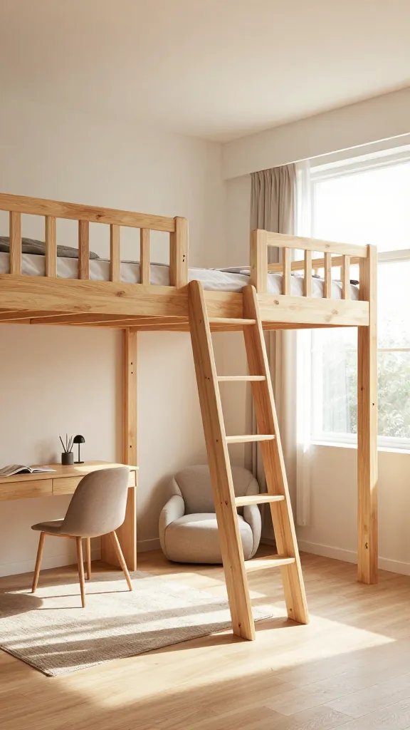 A high-resolution, photorealistic image of a modern small-bedroom lofted bed setup. The main subject is the lofted bed raised above a tidy, open floor plan that includes a compact workspace with a small desk and chair beneath, plus a cozy reading nook with a comfy armchair and a soft rug. The room has warm, natural lighting from a large window, light wood tones, and clean, minimal decor to emphasize vertical space. Visible sturdy ladder integrated into the bed frame, with clear ceiling clearance and safe, sturdy construction cues. The overall vibe is bright, functional, and chic, with clutter-free floors and a subtle playful touch to convey the “sleep high, clutter low” concept. No text or branding on the image.