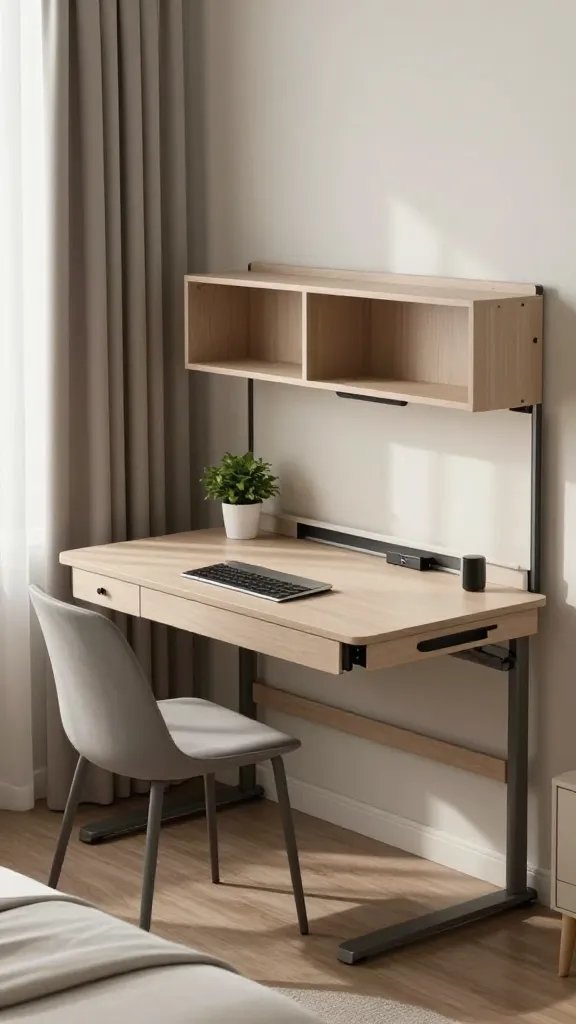 A realistic, high-quality interior photograph of a compact, stylish bedroom workspace emphasizing a compact desk zone. The main subject is a sleek, wall-mounted fold-down desk with integrated storage drawers on one side and a slim pull-out keyboard tray tucked beneath the surface. The desk folds down from a clean, light-colored wall featuring cable management channels neatly hidden along the back edge. A slim task chair that tucks under the desk is positioned in front, designed with a minimalist frame and a slim, comfortable seat. The desk area includes neatly organized small storage cubbies above and to the side, a small potted plant for a touch of greenery, and ambient, soft natural light streaming in from a nearby window with sheer curtains. The room has a cohesive, modern aesthetic with neutral tones, a tidy surface, and visible cable management for a clean look. The overall scene conveys a dedicated workspace within a compact bedroom, highlighting efficiency, organization, and style without text or branding on the image.