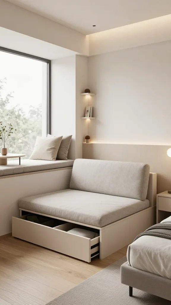 A realistic, high-quality photo of a compact bedroom designed with a hidden-gallery seating concept. The main subject is a cozy hideaway seating area that functions as both a compact loveseat and a storage bench, placed in a bright, modern bedroom. Include a small built-in storage bench with a cushioned top that lifts to reveal compartments, integrated under-seat storage visible with soft, neutral fabrics in light taupe or gray. The seating should be positioned to create a social corner near a window, featuring a large window nook with a padded, cushioned seat, a couple of throw pillows, and a nearby small, low coffee table. Surround the area with practical but stylish elements: a light wood floor, soft ambient lighting from a wall sconce or pendant, a slim bookshelf or floating shelves for decor, and clean lines with a minimalistic bed frame and simple nightstands. Emphasize a flexible space that can switch between a cozy reading nook and a social spot for guests, with natural daylight streaming in and a calm, airy color palette of whites, creams, and soft grays. No text on the image.