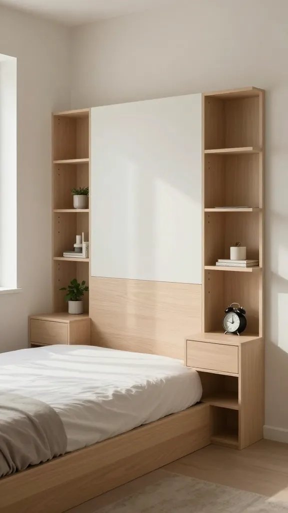 A realistic, high-quality photo of a modern small bedroom featuring built-in nightstands integrated into the bed wall. The scene shows a low-profile platform bed with clean, minimal lines and a smooth headboard that seamlessly blends into built-in shelving on both sides. Each built-in nightstand consists of a slim, recessed drawer and a tiny open shelf, all in a cohesive matte wood finish that matches the bed frame. Soft, natural light streams in from a bedside window, casting gentle shadows and highlighting the calm, uncluttered space. The walls are a neutral, calming tone, and the room includes a few carefully chosen, compact decor items on the shelves—such as a small plant, a books stack, and a simple alarm clock—without any visible cables or freestanding furniture to maintain a serene, clutter-free look. The overall composition emphasizes calm, functionality, and the visual simplicity of integrated storage.