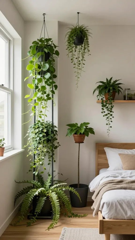 A realistic, high-quality interior photo of a compact, modern bedroom featuring a prominent vertical plant display that grows up rather than out. The scene includes trailing vines cascading from tall slender planters placed near a window, a wall-mounted planter hugging the wall above a cozy bed, and a terrarium perched on a high shelf to add a touch of greenery at eye level. In a corner, a tall plant stand draws the eye upward with a lush, slim plant reaching toward the ceiling. The room has soft natural light, light wood furniture, neutral walls, and minimal decor to emphasize airiness and space. The overall mood is calm and fresh, with low-maintenance plant varieties that look easy to care for, creating a visually striking vertical garden without crowding the floor. No text on the image.