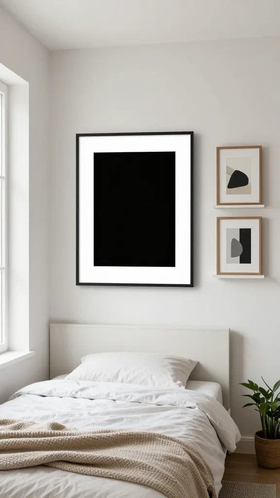A bright, stylish small bedroom with clean lines and a calming neutral palette, featuring a single large bold piece of wall art as the focal point above a minimalist bed with a slim headboard; to one side, a neat grid of two smaller framed artworks on floating ledges to allow easy swapping, all hung on a clutter-free wall that emphasizes space and height; natural light streams in from a nearby window, subtle textures in a cozy throw blanket and a small potted plant add warmth, the scene captured in a high-resolution, realistic interior photography style with meticulous details, accurate lighting, and no visible text in the image.