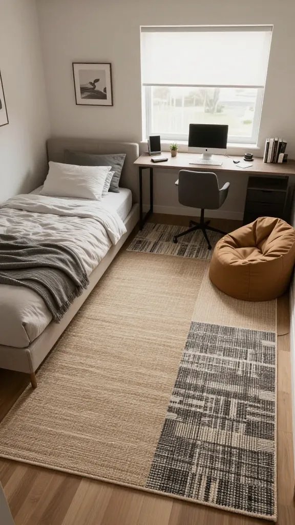 Create a realistic, high-quality photo of a compact, stylish bedroom that demonstrates zone creation with rugs instead of walls. The main subject should be a modern small bedroom featuring clearly defined sleep, work, and lounge zones laid out with a single, thoughtfully placed rug. The rug should contrast with the floor to define the zones, or harmonize for a seamless look; include options in the scene such as a patchwork rug and a monochrome tile-like rug to offer texture and interest. The sleeping area under a platform or low-profile bed sits on one part of the rug; the work area with a sleek desk and chair sits on another section; a cozy lounge corner with a small chair or beanbag and a coffee table occupies the final zone. Use a flat-weave rug for durability in the high-traffic workspace. The rug should be placed under the bed to anchor the sleep zone and beneath the desk to anchor the work zone. The room should feel warm, airy, and practical, with natural light from a window, mid-century modern furniture, soft textiles, and minimal clutter. The overall composition: three distinct zones within one room, unified by a large, stylish rug that defines every area without walls. No text on the image.