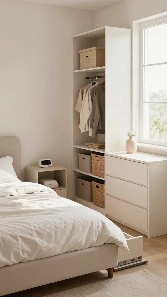 A high-resolution, realistic bedroom scene focused on a calm, clutter-free space with soft natural light streaming through a window. The main subject is a serene, well-organized tiny bedroom featuring smart storage solutions: a neatly made bed with a slim under-bed drawer, a small dresser with a tidy top, and a closet with a visible donation box, baskets for laundry sorting, and labeled storage bins. A discreet timer on the nightstand suggests a 2-minute nightly reset, and a small weekly purge box is tucked away in the corner. The room exudes tranquility and order, with muted pastel tones, clean surfaces, and minimal decor to convey reduced stress and better sleep. No text or logos present.