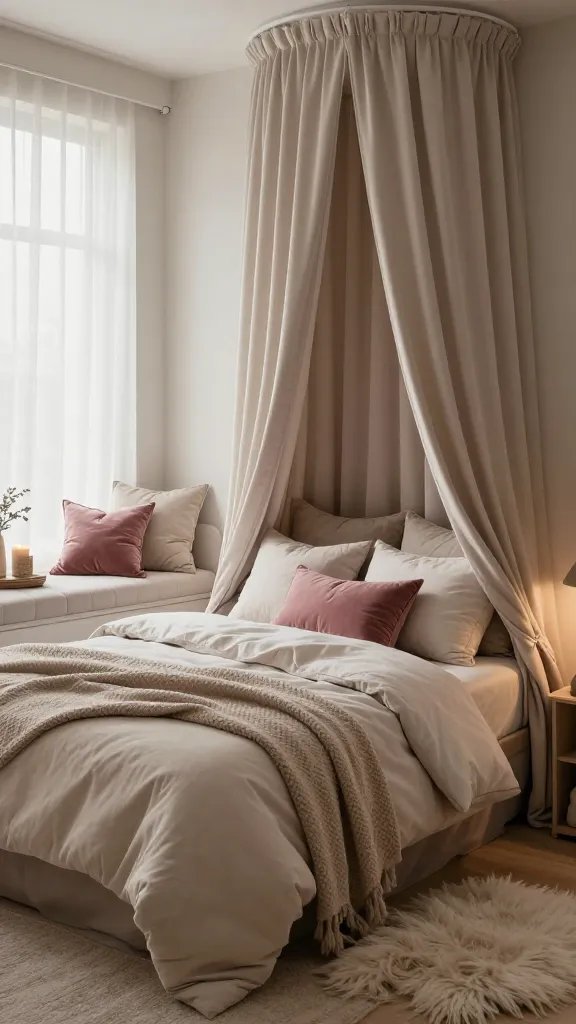 A realistic, high-quality photo of a compact bedroom that exudes a cozy, sleep-inducing atmosphere. The main subject is a neatly made bed in a small room, dressed with a plush duvet in soft, neutral tones layered with multiple throw pillows in coordinating textures and colors. Heavy, floor-to-ceiling blackout curtains partially drawn to create a warm, cocoon-like feel, with sheer inner curtains diffusing soft daylight. A thick, textured throw blanket draped at the foot of the bed adds depth. Surrounding accents include a softly lit bedside lamp, a small upholstered window seat or seating area with extra cushions, and a few tactically placed soft textiles like a velvet or chenille accent pillow and a fluffy shag rug peeking beside the bed. Subtle decorative elements (candle, woven basket, and a minimal plant) enhance the restful vibe without clutter. The palette is cohesive and tranquil—creamy beiges, dusty rose, and soft taupe—emphasizing texture and warmth to transform the tiny space into a luxurious retreat. The lighting is gentle and natural with a hint of ambient glow to highlight the plush fabrics and layered textiles. No text overlays.