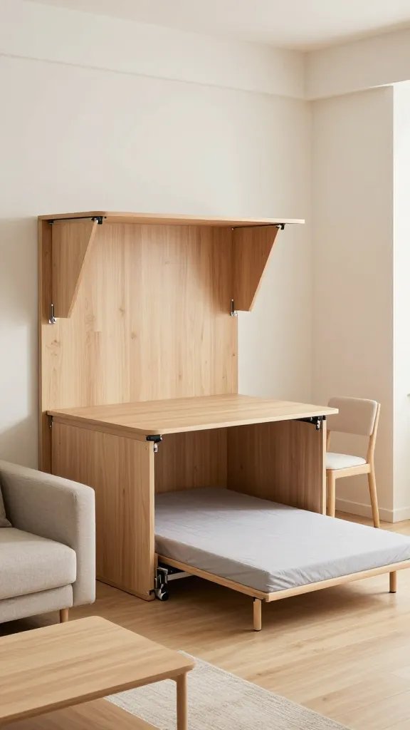 A high-quality, realistic photo of a modern tiny apartment living space showcasing foldable furniture in action. Centerpiece a Murphy bed folded down into a stylish workspace desk, with clean lines and light wood finish, seamlessly integrated into a sleek wall unit. To one side, a wall-mounted, foldable dining table attached to the wall with slim metal hinges, extended to accommodate two chairs that hinge into wall panels when not in use. The chairs have light upholstery and minimalist frames. In the foreground, a compact, low-profile couch with a slim profile and neutral tones, with a coffee table that folds away into a slim panel. The room uses soft, natural lighting, uncluttered surfaces, and airy space to emphasize the transformative, space-saving design. No text on the image.