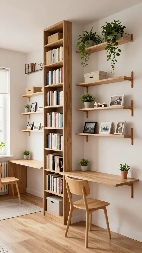 A realistic, high-quality interior photo showcasing a compact apartment living area that emphasizes vertical storage. The main subject is a stylish, tall bookcase reaching near the ceiling filled with books, decorative boxes, and a few slim, wall-mounted desks tucked along the wall to save floor space. Floating shelves of varying heights are mounted above and around the desk area, displaying small plants, framed photos, and neatly organized items. A hanging plant rail with trailing greenery is installed near the ceiling, keeping surfaces clear. The room has clean lines, warm wood tones, and soft natural light from a window, with ample open floor space for seating and play. The overall scene conveys an organized, airy, vertical-forward design where gravity is your friend.