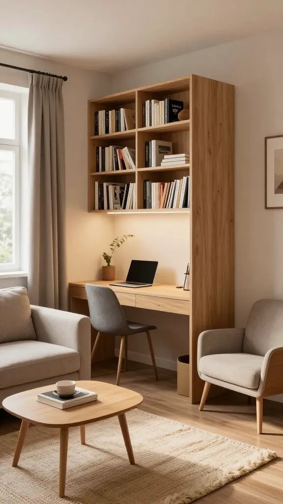 A realistic, high-quality photo of a modern tiny apartment living space showing three functional zones within one small area: a cozy living zone with a plush sofa and a small coffee table, a compact work zone with a sleek desk and a laptop tucked behind a sofa, and a relaxing corner with a comfortable armchair and a soft rug. The space is clearly defined without walls using smart zoning: a tall open bookcase acts as a room divider, a floor-length curtain hung to create a quiet workspace, and a low-profile shelf with a lip that subtly separates the desk from the lounge. Warm, natural lighting from a nearby window highlights the clean lines, cohesive color palette, and multifunctional furniture. The overall scene conveys intentional use of each area, with a minimal, clutter-free aesthetic and visible texture from wood, fabric, and woven rug. The main subject remains the idea of multi-functional zones in a compact apartment—every element purposefully arranged to maximize usability. No text on the image.