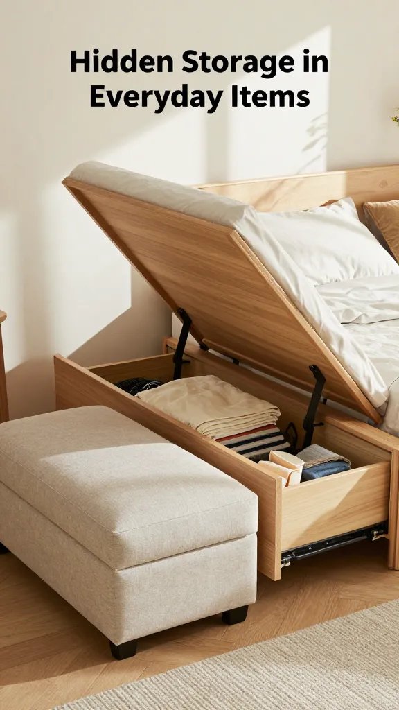 Generate a realistic, high-quality photo of a modern, compact living space showcasing hidden storage solutions integrated into everyday furniture. The main subject should be a stylish, contemporary hidden-storage setup that embodies “Hidden Storage in Everyday Items” (as described: ottomans with hollow interiors, bed frames with platform drawers, and lift-top footstools). The scene features a neatly organized, sunlit apartment room with: - A minimalist ottoman that lifts to reveal a spacious hollow interior, neatly storing linens or seasonal items. - A platform bed frame with integrated, low-profile drawers along the sides, showing neatly stacked clothing and cables organized within. - A matching footstool that lifts to reveal additional storage, perhaps with a few folded blankets or small accessories inside. - A calm, cohesive color palette (soft neutrals with warm wood tones) and clean lines, emphasizing clever, unobtrusive storage. - Subtle, natural light filtering through a window, casting gentle shadows to highlight the practicality and accessibility of the hidden compartments. - Textural variety: fabric upholstery on the ottoman and footstool, smooth wood or wood-look bed frame, and a lightly textured rug to anchor the scene. - The overall vibe should convey organization, efficiency, and a serene, clutter-free living area where the hidden storage is the hero. No text overlays or signs in the image.