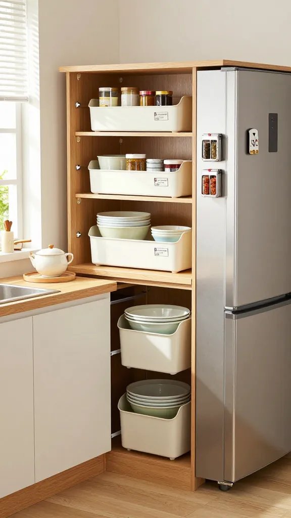 A realistic, high-quality kitchen scene in a modern tiny apartment, showcasing clever space-saving organization for a Collapsible Kitchen Organization: a compact, sunlit kitchenette with white and light wood cabinetry. On the countertop and open shelves, display stackable fridge bins neatly arranged in a slim, tall refrigerator drawer, collapsible mixing bowls stacked inside a compact mixing bowl set, and magnetic spice tins affixed to a stainless steel fridge door. Include clearly visible, smoothly integrated space-saving solutions like collapsible organizers filled with daily essentials and data-free labels that blend with the aesthetic. Emphasize a tidy, clutter-free counter with carefully staged items, soft natural light from a window, and a hint of a small dining area in the background to convey a realistic tiny apartment setting. The main subject should be the collapsible kitchen organization concept itself, depicted through practical, elegant storage solutions in a compact space. No text on the image.