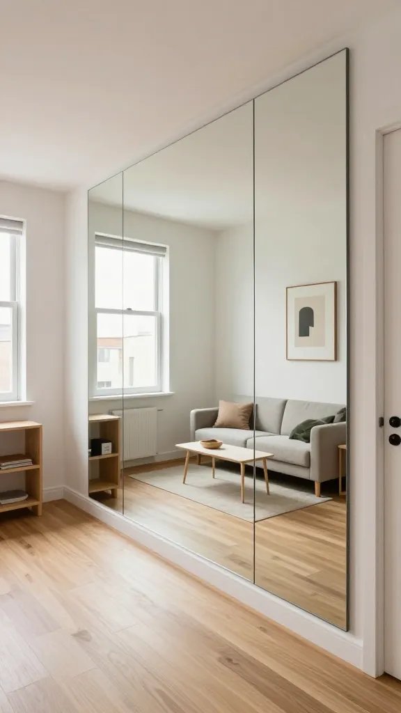 A high-resolution, photorealistic interior scene of a modern, compact studio apartment demonstrating the power of mirrored surfaces to create a sense of space. The main subject should be a stylish, well-lit living area with a large, sleek wall-length mirror covering most of one wall, reflecting the room to amplify natural light. Include a window on the opposite wall letting in soft daylight, bounced by the mirror to brighten the space. The entry area should feature a full-length mirror near the door for outfit checks, angled so its reflection adds depth. The room should feel airy and uncluttered, with light, neutral tones and minimalistic furniture; a small sofa, a slim coffee table, and a compact shelving unit. Include tasteful wall art with no visible laundry chaos in reflections. The overall mood is bright, open, and welcoming, with crisp textures, natural wood accents, and a clean, organized vibe that makes a tiny space feel expansive. The image should be a single, cohesive, realistic photograph without any text overlays.