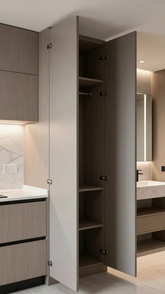 A high-resolution, photorealistic interior scene featuring a modern kitchen and a compact bathroom area integrated in an urban apartment, showcasing swing-open cabinets. The cabinets have sleek, frameless, matte finish door panels that swing open on minimal, soft-closing hinges, revealing organized, space-efficient interiors. Include a set of swing-open cabinets in the kitchen with doors mid-swing to demonstrate the space-saving functionality, and a bathroom vanity with similarly styled swing or tambour doors for cohesive design. The surrounding environment emphasizes a chic, contemporary aesthetic with clean lines, light wood or cool-toned cabinetry, and subtle under-cabinet lighting. Materials should look high-end (quartz countertops, stainless steel appliances, light-reflective surfaces) and the overall composition must feel realistic, bright, and spacious despite the compact footprint. No text on the image.
