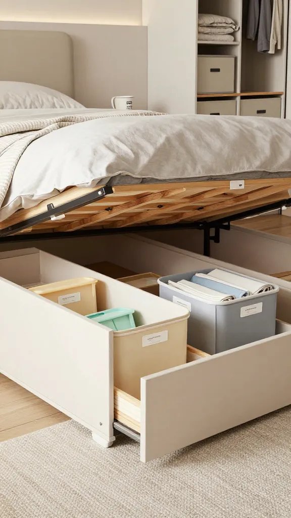 A hyper-realistic, high-quality photograph of a modern, compact bedroom showcasing under-bed storage mastery. The scene features a low-profile platform bed with a clean, minimalist frame and under-bed clearance. Tidy, flat storage totes neatly labeled for quick access and color-coded containers sit neatly under the bed or in sliding drawers and a slim trundle to maximize space. The room should feel calm and organized, with soft, natural lighting, neutral tones, and subtle textures from a cozy rug and bedding. Include visible organization cues: clearly labeled bins, color-coded containers, and a few neatly folded linens tucked under the bed. The perspective is slightly angled from the side to highlight the under-bed storage space, with a tidy closet area in the background to emphasize a leaner, more efficient storage system. No text on the image.