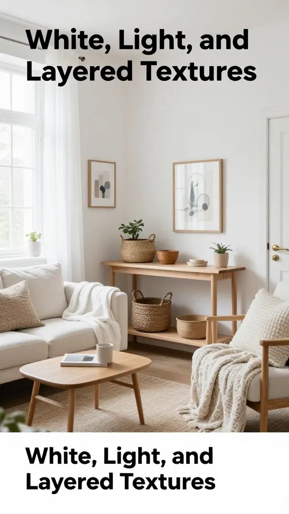 A realistic, high-quality interior photograph of a bright, compact living space showcasing the concept "White, Light, and Layered Textures" from the article title, with the main subject prominently reflecting tiny-apartment design. The scene features: soft white walls and sheer white drapes letting in natural light, light wood furniture (a slim console, a small coffee table, and mid-century-inspired chairs) with clean lines; layered textures including a plush white linen sofa throw, a textured woven blanket draped over the arm, and a variety of textured baskets placed on a lower shelf; a few small pops of color in carefully placed artwork and a small potted plant or two to add life. The palette is cohesive and airy, with subtle variations in white and pale neutrals, and natural wood tones to create depth without visual noise. The room is organized and uncluttered, with strategically placed texture-rich accessories such as a jute rug, knitted cushions, and woven baskets, all contributing to depth and warmth while keeping the space feeling open and cohesive. The image should have a shallow depth of field focused on the layered textures and furniture, with bright, natural lighting and a calm, welcoming atmosphere that embodies the idea of maximizing small spaces through white, light, and textured elements. No text or logos in the scene.