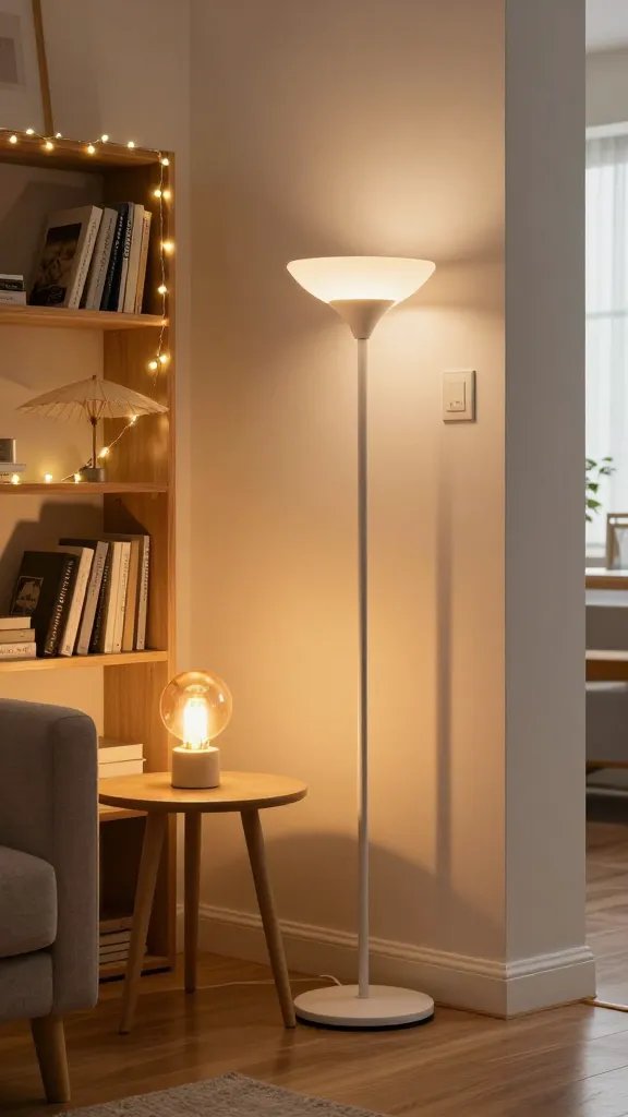 A high-resolution, realistic interior photograph of a compact, modern living space showcasing smart lighting that doubles as decor. The scene features layered lighting: a tall Floor lamp with a slim, elegant base providing ambient height, a Table lamp with a warm, amber-glow bulb on a side table, and delicate USB-powered string lights draped softly along a bookshelf and around a parasol-shaped decorative element that doubles as a light diffuser. A dimmer switch visible on the wall subtly controls the lights, creating a warm, cozy mood by softly mixing ambient, task, and accent lighting. The space should look bright yet intimate, with natural daylight filtering in from a window, smooth wood floors, a neutral color palette, and minimal clutter. The main subject is the concept: smart lighting that doubles as decor, seamlessly integrated into the room’s design, without any text overlays on the image.