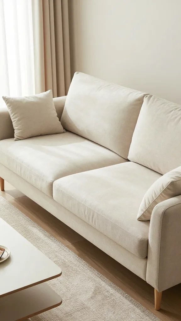A high-resolution, realistic photo of a stylish living room featuring a modern sofa bed as the main subject. The sofa bed is shown in a chic, mid-century inspired design with clean lines, a low-profile back, and a seamless transition between sofa and bed configuration. The cushions appear plush and comfortable, with memory foam or high-density foam visible in their plump, inviting appearance. The frame is sturdy, with a smooth, easy mechanism subtly hinted at by a barely visible joint or hinge. The room is guest-ready and clutter-free, with a light, neutral color palette, soft natural light flooding through a nearby window, a simple coffee table, a single accent throw pillow, and tasteful decor that emphasizes comfort without overcrowding the space. Ensure the image conveys practicality and comfort for hosting guests, with a realistic texture on fabrics, subtle shadows, and a clean, high-end finish. No text or logos in the image.