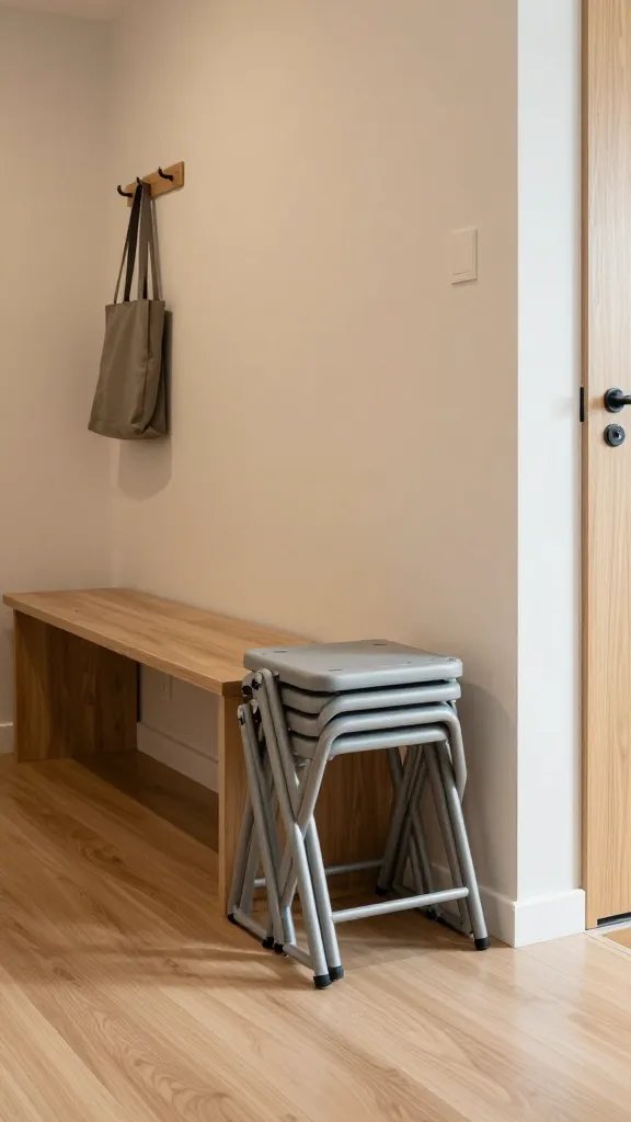 A realistic, high-quality photo of a stylish, modern tiny apartment living area featuring a small, unobtrusive stackable seating solution in use: a neat row of lightweight, durable folding stools tucked under a slim storage bench near the entryway, with one stool pulled out and ready for guests. The space should show cohesive finishes and a compact, airy feel, with a wall-mounted hook nearby subtly holding a folded chair or bag. Warm, natural lighting, clean lines, and a neutral color palette (soft beiges, grays, and wood tones) emphasize function and design without clutter. The main subject should be the concept of Stackable Seating for Guests integrated into the living space, with attention to practical storage, accessibility, and coherence with the apartment’s aesthetic. No text on the image.