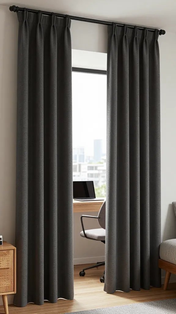 A high-resolution, photorealistic interior scene featuring a modern, compact living space where heavy curtains cleverly create a cozy, private nook. The curtains are floor-to-ceiling, hung beyond the window frame to frame an expansive view, in a deep charcoal color that complements warm wood furniture and soft, neutral upholstery. The room shows a calm, quiet working corner formed behind the drawn curtains, with a small desk, a slim laptop, and a comfortable ergonomic chair. Sound-absorbing, plush curtains soften hard lines and reduce echoes, with subtle daylight filtering through the fabric and a blackout option visible for a bedroom off to the side. The overall composition emphasizes a seamless blend of function and coziness in a tiny apartment, with natural textures, clean lines, and a slightly blurred cityscape visible through the window. No text in the image.