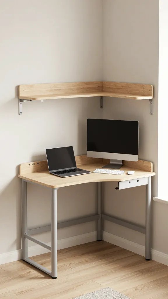 A realistic, high-quality interior photograph of a modern corner desk setup in a compact apartment, showcasing space-saving design. The desk fits neatly into a corner with an L-shaped footprint, featuring a clamp-on shelf unit mounted on the adjacent wall for vertical storage and discreet cable management grommets along the desk edge. The desk has a small footprint with generous legroom, a dedicated laptop workspace showing a closed laptop to imply “laptop life,” and a clean, organized surface with a slim monitor, wireless keyboard, and a minimal decor item. The surrounding room should feel airy and tidy, with neutral tones, natural light from a window, and no visible clutter. The overall composition emphasizes efficient use of awkward angles, sleek materials (matte wood or light veneer with metal accents), and a calm, productive atmosphere. No text or branding on the image.