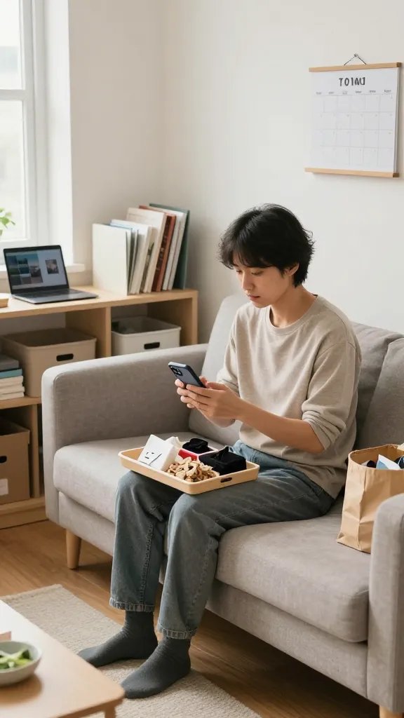 A realistic, high-quality photo of a calm, well-lit tiny urban apartment interior showing a person performing a declutter ritual: seated on a compact sofa in a small living room, holding a timer set to 15 minutes on a sleek smartphone, with a small tray nearby containing five items being sorted into piles for keep, donate, recycle, and digitization. The scene includes visible organizational tools: labeled labeled storage bins, a slim vertical file organizer, and a minimalist bookshelf with a few scanned-digital clutter items represented by a tablet or laptop showing digital copies. A wall-mounted calendar or timer is visible, and a donation bag or box sits ready for pickup. The room exudes serenity and order, with neutral tones, soft natural light from a window, and a tidy, uncluttered environment suggesting sustainable, repeatable decluttering habits. The main subject’s expression conveys focus and calm, reinforcing the ritual’s consistency and long-term effectiveness. No text on the image.