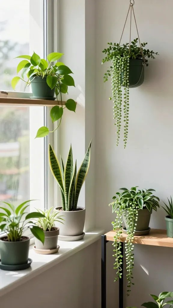 A high-resolution, realistic photo of a cozy, sunlit apartment corner featuring calming greenery in bitesized pockets. A narrow windowsill and a wall shelf display small pot clusters: pothos trailing along a shelf, a tall snake plant in a slim pot, and a string of pearls cascading gracefully from a hanging planter. Include additional compact self-watering planters placed on a windowsill tray and a few trailing varieties draping over the edge of a mid-century modern shelf. Soft, natural light streams in, casting gentle shadows and highlighting lush green foliage that softens edges and promotes a serene, stress-reducing vibe. The main subject from the article title (calming greenery) is prominently showcased, with a clean, organized layout in a bright, airy apartment space. No text on the image.