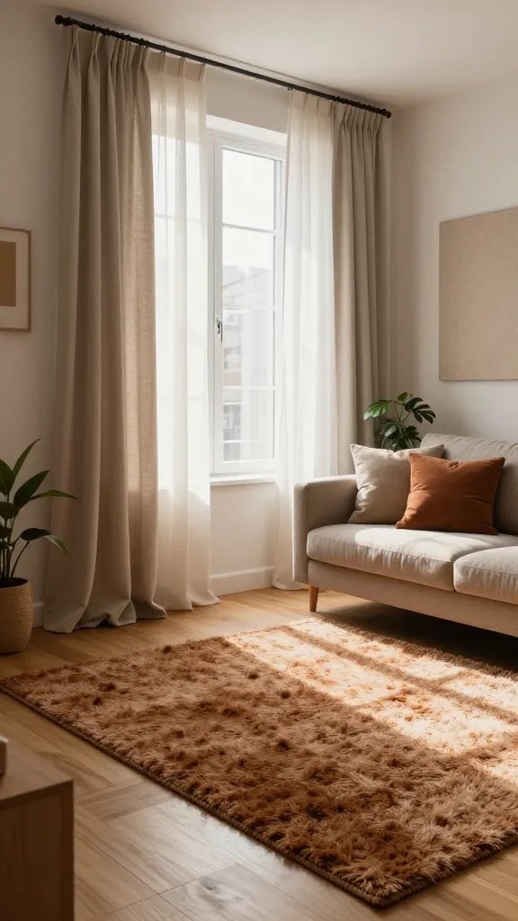 A realistic, high-quality interior photo of a compact urban living room emphasizing sound-smart acoustics: a cozy, sunlit space with soft textiles to absorb noise. The focal point is a plush area rug with a rich, textured pile layered over light hardwood flooring, partially under a low-profile sofa adorned with soft throw pillows in warm, earthy tones. Heavy, floor-to-ceiling curtains in a breathable fabric frame a window and gently diffuse natural light. Acoustic panels in a subtle, unobtrusive color are mounted on one wall, blending with the decor. A memory-foam or wool rug underfoot, a cushioned seating corner, and a few carefully placed plants add warmth and calm. The overall scene conveys a serene, quieter mood in a small apartment, with no text or branding visible.