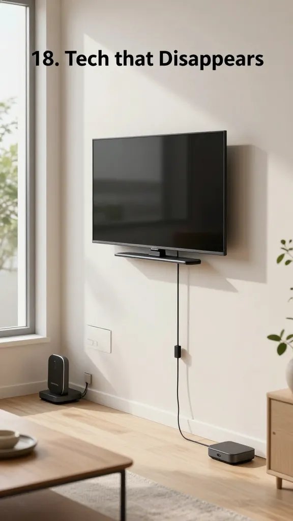 A realistic, high-quality interior photograph of a modern, compact living space demonstrating "Tech that Disappears" in a tiny apartment. The scene features a sleek, wall-mounted monitor with a hidden charging station integrated into a minimalist wall panel, no visible cords. A slim, unobtrusive wall-mounted charging dock sits beneath the monitor, with cable clips and raceways neatly concealing wires along the wall. Ultra-compact devices are tucked away in furniture corners: a wireless charger embedded into a coffee table corner and another charging pad built invisibly into a slim side table. The room is bright with natural light streaming through a large window, showcasing clean lines, soft neutral tones, and subtle greenery. The overall aesthetic emphasizes calm, cable-free zen, with no visible cables or clutter, and the main subject from the article title—"18. Tech that Disappears"—represented as seamlessly integrated tech that remains hidden yet accessible. A hidden charging hub is suggested by a sleek wall pocket and discreet power conduit, while the wall-mounted monitor blends into the wall like a framed artwork, creating a serene, futuristic living space. No text.