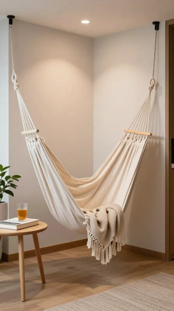 A realistic, high-quality indoor photograph of a cozy, hammock-approved quiet corner in a modern apartment. Feature a breathable, lightweight hammock chair or a hanging macrame suspended from sturdy ceiling anchors in a small, sunlit nook. Include a compact side table with a book and a beverage, a soft throw blanket draped over the chair, and light, natural textures such as wood, jute, and woven fabric. The space should feel vacation-like yet everyday, with warm ambient lighting, a small plant for greenery, and neatly organized surroundings to emphasize space efficiency and relaxation. No text on the image.