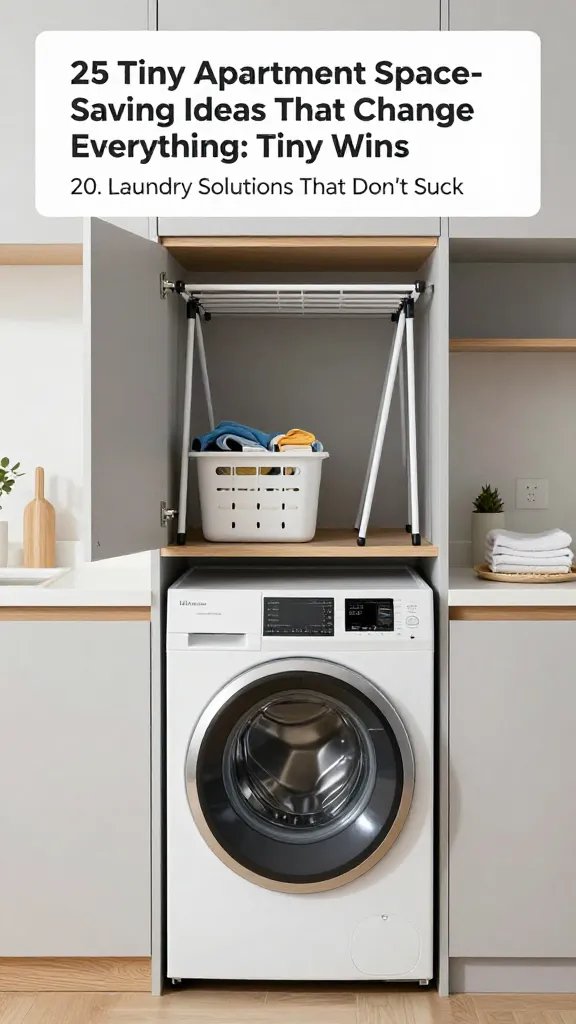 Create a realistic, high-quality photo of a compact laundry setup that fits a tiny apartment, featuring a main subject that embodies the article title “25 Tiny Apartment Space-Saving Ideas That Change Everything: Tiny Wins” with a focus on “20. Laundry Solutions That Don’t Suck.” The scene shows a sleek, space-saving combination washer-dryer unit installed under a narrow, wall-mounted shelving system. Include a fold-out drying rack neatly stored behind a cabinet door that opens to reveal a compact, efficient drying surface. Add a compact pedestal washer with a top-loading lid to demonstrate varied space-saving options. The overall setting should feel bright and organized, with light gray cabinetry, soft white countertops, and light wood accents. Ensure clean clothes are visible in a small, neatly arranged laundry basket and a few folded towels to convey an everyday, low-drama laundry routine. No text on the image. The main subject should clearly communicate modern, practical tiny-apartment laundry solutions that save space and reduce clutter. The composition should be tight yet airy, with natural-looking lighting and realistic textures on metal, plastic, and fabric.