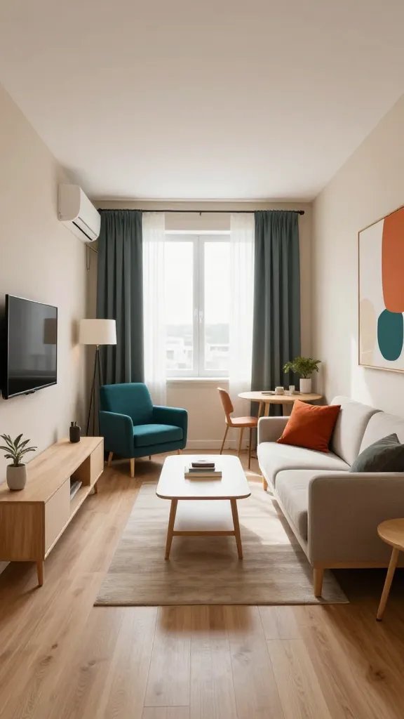 A high-resolution, hyper-realistic interior scene of a small, modern apartment living area showcasing color blocking to create illusions of space. The room features warm neutral walls in light beige and creams with bold accent pieces in deep teal and burnt orange arranged to draw the eye around the space. Include strategically positioned furniture: a light wood sofa with neutral upholstery, a crisp white coffee table, and a low-profile media console. Accent items such as a teal armchair, burnt orange throw pillow, and a large abstract wall art piece using bold color blocks should be present. Keep the ceiling bright and white to enhance openness, with soft, natural daylight streaming through a large window with sheer curtains. The overall composition should convey depth and openness, with clear delineation of zones (living area, small dining nook) through color blocking rather than clutter, and no visible text on the image. The main subject is the concept of color blocking as a design tool to visually expand or define spaces within a tiny apartment.