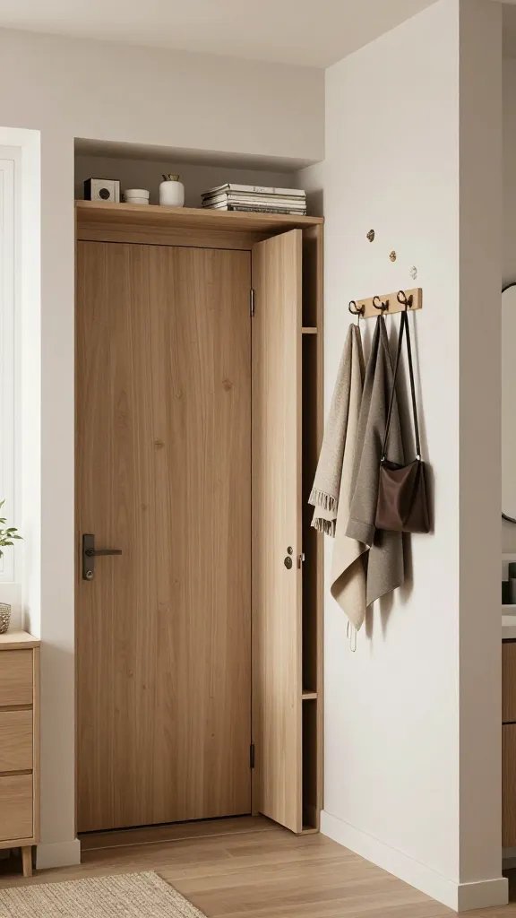 A realistic, high-resolution interior photography scene showcasing a compact apartment doorway area transformed with practical space-saving hacks. The main subject is a stylish doorway with a slim shelf above the door holding a few small decor items and books, a smoothly integrated pocket door system in a nearby closet or bathroom, and a door-mounted hook rail with coats and lightweight bags neatly hung. The space uses clean lines, warm neutral tones, and soft natural light from a nearby window. The closet door opens to reveal a tucked-in shelf, while the wall above the door features tiny decor pieces that maximize vertical storage. Subtle details include a small basket on the shelf, a folded blanket, and a compact mirror, all arranged to emphasize efficient use of an entryway without clutter. The shot should convey a calm, organized, and functional entry zone in a modern apartment, with realistic textures on wood, metal hinges, and fabric coats, and no text on the image.