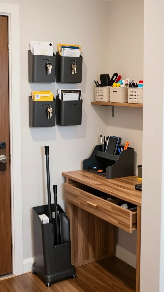 A realistic, high-quality photo of a compact apartment workspace and entryway showing organized surfaces with multiple caddies and organizers: wall-mounted caddies holding keys and mail by the entryway, a desk with slim desk organizers for pens, gadgets, and small tools, labeled baskets for miscellaneous odds and ends on a nearby shelf, and a few tiny organizers in drawers and cabinet spaces to demonstrate “every surface counts.” The scene is well-lit with natural light, clean modern decor, and subtle textures like wood and matte metal. The main subject is the theme of efficient organization from the article title, depicted without any visible text on the image.