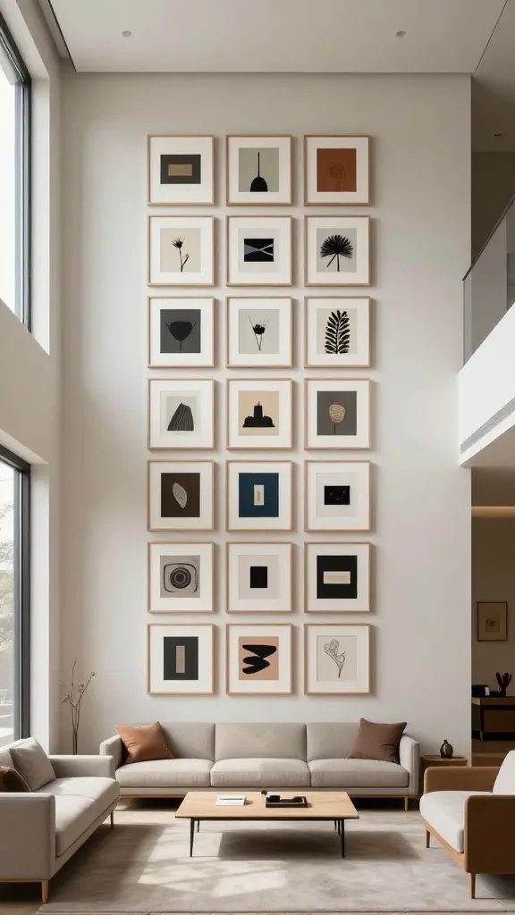A realistic, high-quality interior photograph of a modern, compact living room featuring a prominent, vertically arranged gallery wall with multiple slim-framed art pieces and light mats hung at eye level when seated, creating the illusion of height and expanding the space. The wall should display a cohesive grid of small frames in varying but complementary artwork, all arranged to form a single focal wall. The room should be styled with clean lines, neutral tones, and minimal clutter; use soft natural lighting filtering through a nearby window to cast gentle shadows and emphasize the gallery effect. Include a low-profile sofa with slim armrests facing the gallery wall, a slim coffee table, and a few discreet storage options to maintain an airy feel. The overall composition should convey how art placement elongates walls and makes the room feel larger, with no text or branding anywhere in the image.