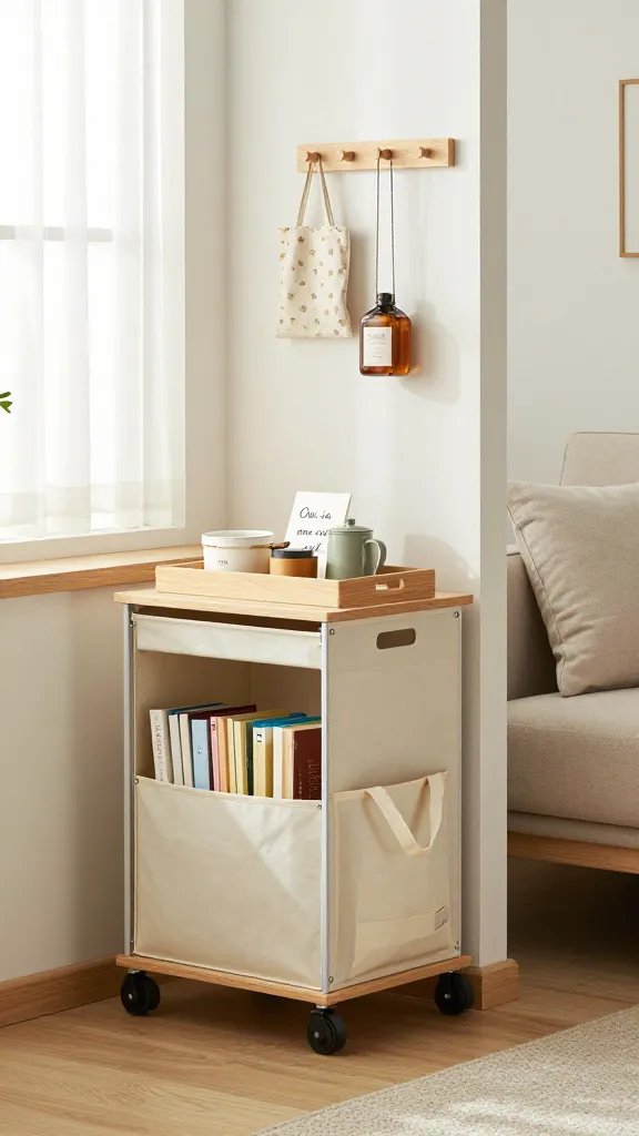 A realistically lit, high-quality interior scene in a modern tiny apartment, featuring a tidy, airy living space with clean lines and natural materials. In the foreground, a stylish, compact storage cart or rolling bin labeled subtly with a small tag, half-open to reveal two zones: a donation box filled with neatly labeled items ready for disposal and a small, reusable tote ready for the car. On a nearby shelf, a minimalist keepsake tray holds a few loved items and a note card that reads “One in, one out” (no text visible in the image itself, but implied by the arrangement). The scene includes a slim, multi-use wall system with hooks and a few curated items that spark joy, a low-profile sofa with a single throw pillow, and a window with sheer curtains letting in soft daylight. The overall mood is calm, organized, and sustainable, conveying the concept of daily 5-minute resets and mindful decluttering without clutter or excess. Realistic textures: wood, fabric, metal, and soft shadows for depth. No text or logos in the image.