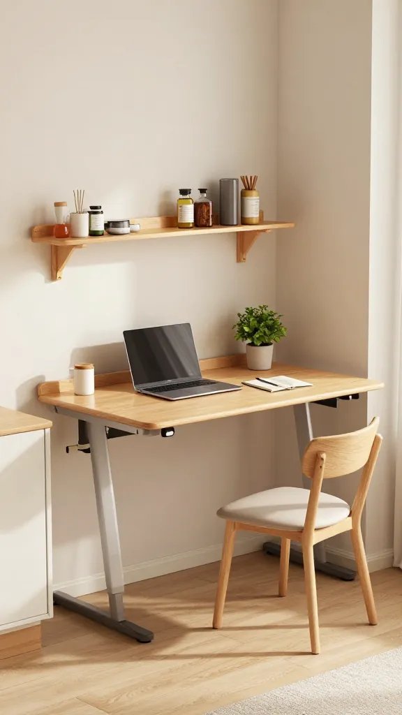 A realistic, high-quality interior photograph of a compact, modern kitchen or small living space featuring a stylish foldaway desk in use. The main subject is a sleek, wall-mounted foldaway desk that folds down from a clean wall, transforming a cozy corner into a functional workspace without taking up permanent floor space. The desk is open and in use, with a slim laptop, a notebook, and a small potted plant neatly arranged on the surface. The surrounding area highlights integrated storage: a floating shelf above the desk with neatly organized supplies, and a compact chair tucked under the desk when folded. The room exudes a warm, inviting vibe with natural light streaming in, light wood tones, and subtle pops of color in accessories. The scene conveys versatility for family dinners or movie nights, showing how the desk can be tucked away to reclaim space, leaving the area clearly defined as a living zone. No text on the image.