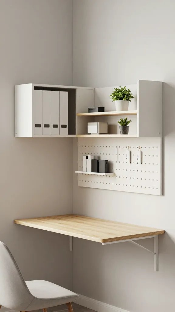 A realistic, high-quality photo of a modern home office corner featuring a wall-mounted desk with built-in storage. The wall desk is a floating, slim wooden slab with a light finish, seamlessly attached to a vertical wall that blends with a light, airy color palette. Above and around the desk, include integrated shelves for files, chargers, and small plants, with a pegboard mounted nearby for tools. The setup should keep cords off the floor, with a tidy, clutter-free surface. Pair the space with a soft monochrome color scheme—light neutrals like pale gray, ivory, and warm white—to enhance focus and reduce visual clutter. Include a slim chair tucked under the desk, a small potted plant on the shelf, and a couple of neatly organized file bins, all illuminated by gentle, natural-looking lighting that emphasizes clean lines, minimalism, and functional elegance. The main subject: a stylish wall desk with built-in storage as the focal point of a compact, well-organized home office. No text on the image.
