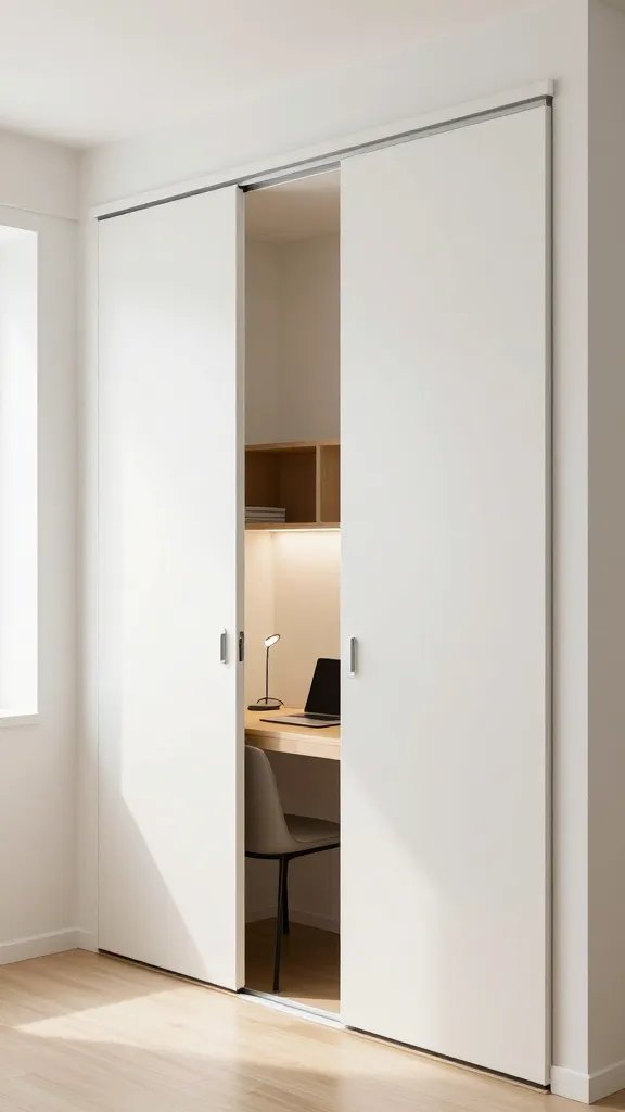 A high-resolution, photorealistic image of a sleek hidden home office nook revealed behind sliding panels in a modern, bright hallway. The scene shows smooth, wall-mounted track panels partially open to reveal a compact, efficient workstation: a small, light wood desk with a slim profile, a compact ergonomic chair tucking neatly under the desk, and a slim laptop or notebook setup. The surrounding walls are painted in bright, airy white with warm natural lighting streaming in from a nearby window, emphasizing an open feel even when panels are closed. The sliding panels are minimalist, finished in a soft matte white or pale wood, with hidden hardware and quiet, seamless operation. When open, a tidy, clutter-free workspace appears: a small desk lamp, a slim cable management system, and space-efficient storage. The overall composition conveys a secret lair vibe for focused work or virtual meetings, integrated into a real hallway or corner without overpowering the room. No text or branding in the scene.