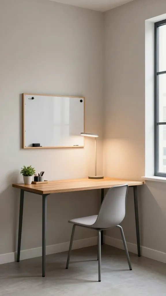 A high-resolution, realistic interior photograph of a compact corner workspace in a modern apartment. The scene features a sculpted, L-shaped corner table with a smooth wood surface and slim metal legs nestled into a triangular corner alcove formed by two walls with soft, neutral-toned paint. A small, low-profile chair with a slim, sleek silhouette and a compact cushioned seat sits at the desk, angled slightly toward the viewer to emphasize its space-saving profile. A narrow desk lamp with a slim arm and warm LED light is positioned on the desk, casting bright, focused illumination on a clean workspace. On the adjacent wall, a corkboard or whiteboard is mounted neatly for quick notes. The corner area is uncluttered, with only essential office supplies in a small tray and a single, unobtrusive plant for a touch of greenery. The overall lighting is natural daylight coming from a nearby window, creating soft shadows and a inviting, productive atmosphere. The image conveys a practical, daily-driver setup that blends into an open living space without shouting “office.” Ensure the main subject from the article title—“Corner Table-and-Corner Chair Setup”—is clearly depicted as the focal point of the corner workspace. No text overlays or signage in the scene.