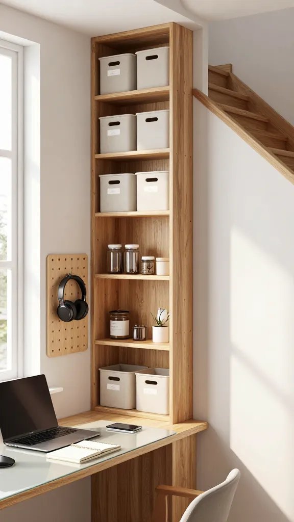 Create a realistic, high-quality photo of a compact home workspace showcasing Vertical Storage Bonanza in a modern studio apartment. The scene features a clean, well-lit corner under a stair nook with white walls and warm wood accents. A tall, slim built-in storage unit runs vertically along the wall, with floating shelves at varying heights displaying neatly labeled stackable bins, jars, and small decorative containers. A pegboard mounted on the wall holds tools and headphones, with a small hook rack nearby. The desk area is minimal but organized, showing just a laptop, a slim notebook, and a wireless keyboard, with extra surface space freed by vertical storage. Natural light pours in from a nearby window, casting soft shadows and highlighting the organized, clutter-free workspace. Emphasize texture and realism: wood grain on shelves, smooth pegboard holes, crisp labels on bins, and subtle reflections on a glass desk surface. No text or graffiti in the image.