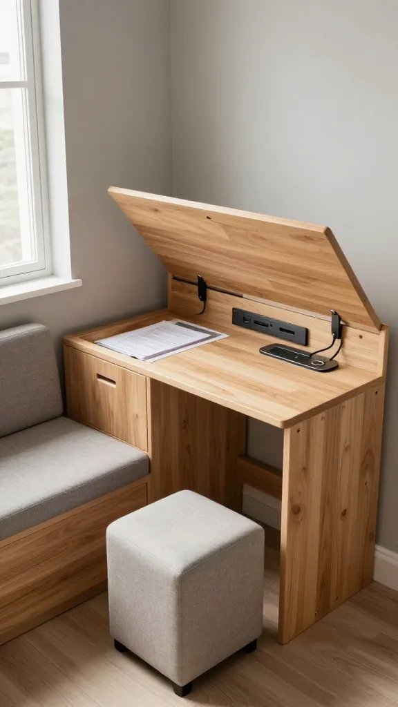 A realistic, high-quality photo of a compact home office corner showcasing multi-functional furniture fusion: a sleek storage bench with a hinged lid situated along a wall, its lid lifted to reveal organized documents and a hidden filing cabinet compartment; a compact desk integrated with a built-in power strip and USB hubs, with neatly arranged cables hidden beneath a clean surface; an ottoman positioned in front of the desk that doubles as a charging station with subtle wireless charging pad and USB ports; collapsible stools tucked neatly under the desk when not in use; warm natural light from a nearby window, Scandinavian-inspired light wood tones, soft gray walls, and minimal clutter to emphasize efficiency and tidy dual-purpose design; realistic textures on wood grain, fabric upholstery, and metal hardware; no text on the image. The main subject is the multi-functional furniture fusion setup integrated into a small home office space, capturing both workstation and seating/storage in one cohesive, stylish scene.