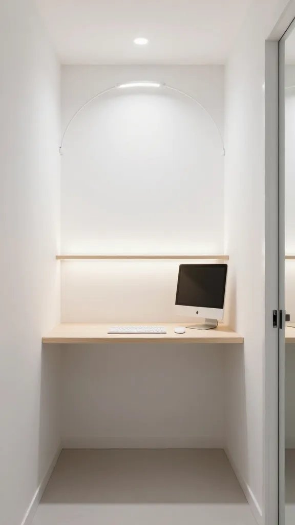 A realistic, high-quality photo of a bright, compact home office space designed with a light-first approach. The main subject is a small desk anchored against a wall painted in a crisp, airy white with immaculate, luminous illumination. Include a slender arc floor lamp with a gentle reach overhead, and under-shelf lighting along a slim shelf to softly illuminate the desk surface. Use daylight LED bulbs in the 4000K-5000K range for a clean, natural glow. Add bright wall reflections and a strategically placed mirror on a nearby wall to bounce light and visually expand the area. The desk should be small yet efficient, with a slim monitor, a lightweight keyboard, and a minimal clutter setup. Emphasize a sense of openness, with ample negative space, soft shadows, and a calm, modern aesthetic that conveys “no claustrophobic vibes.” Realistic textures: smooth white walls, matte desk surface, warm wood accents, and a subtle reflective floor surface. No text on the image.